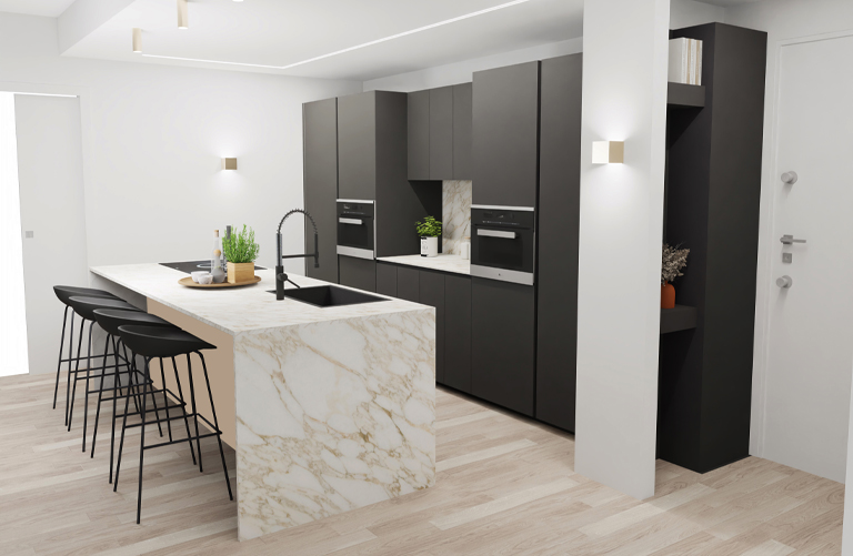 Render di una cucina con isola modello Skill di Modulnova