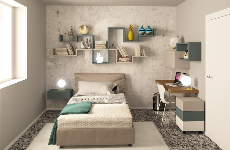 Render cameretta con scrivania Lago e letto Flou