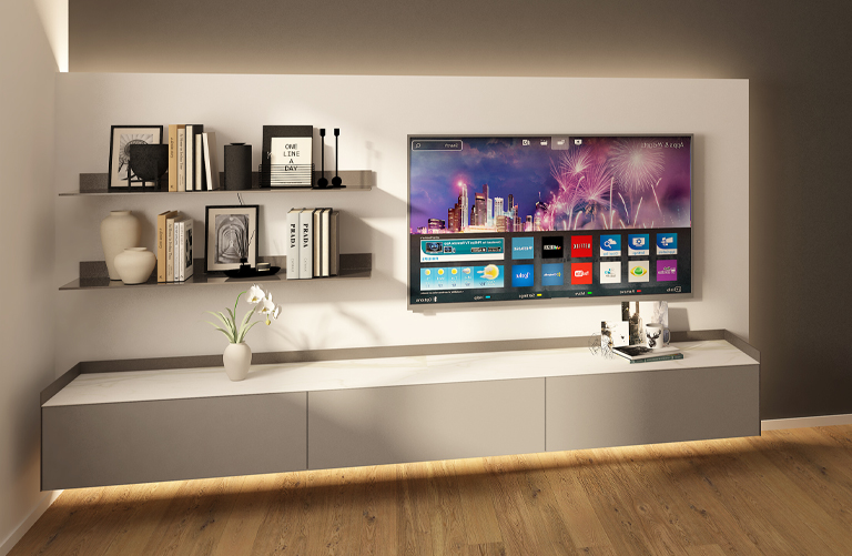 Render di una parete TV con arredi Rimadesio