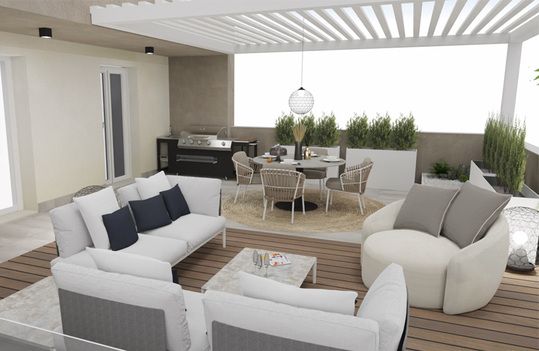 Render di una terrazza con pergola, divanetti, tavolo e sedie.
