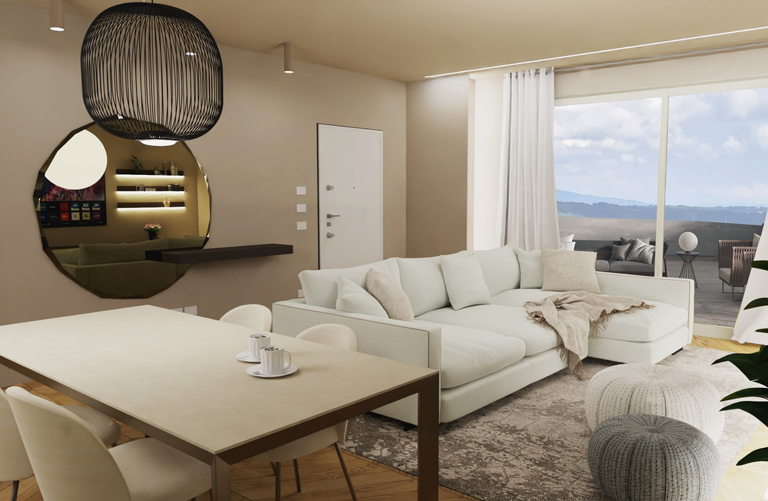 Render di un soggiorno con divano bianco e sul retro parete di ingresso con specchio.