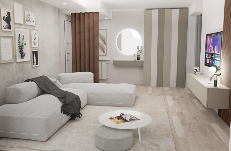 Render del progetto di un soggiorno su toni caldi e chiari