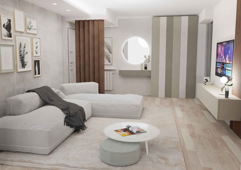 Render del progetto di un soggiorno su toni caldi e chiari