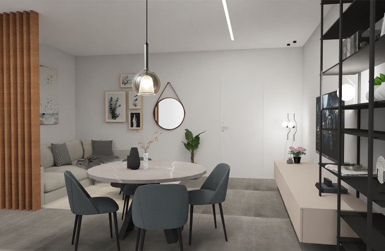 Render di un soggiorno nei toni chiari del grigio freddo