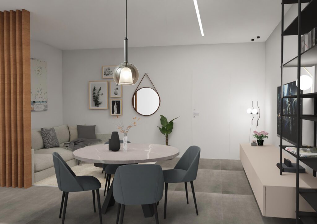 Render di un soggiorno nei toni chiari del grigio freddo