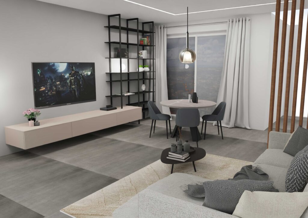 Render di un soggiorno nei toni chiari del grigio freddo