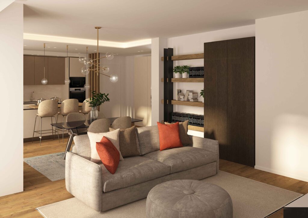 Render di un living con cucina a vista moderna nei torni caldi dei beige e marroni