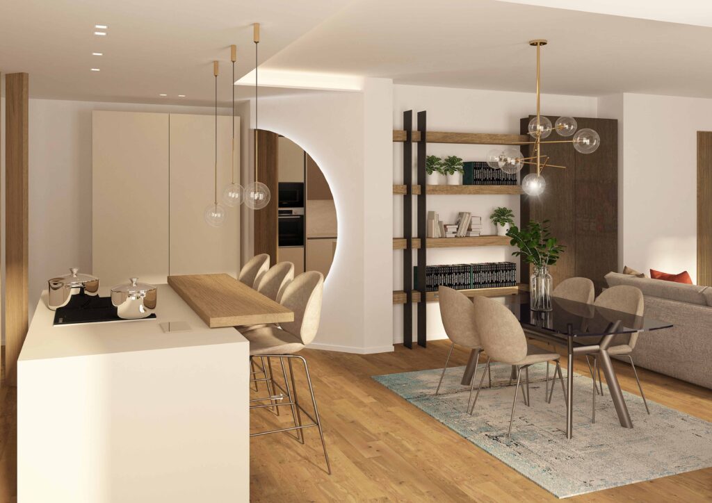 Render di una zona living moderna nei torni caldi dei beige e marroni