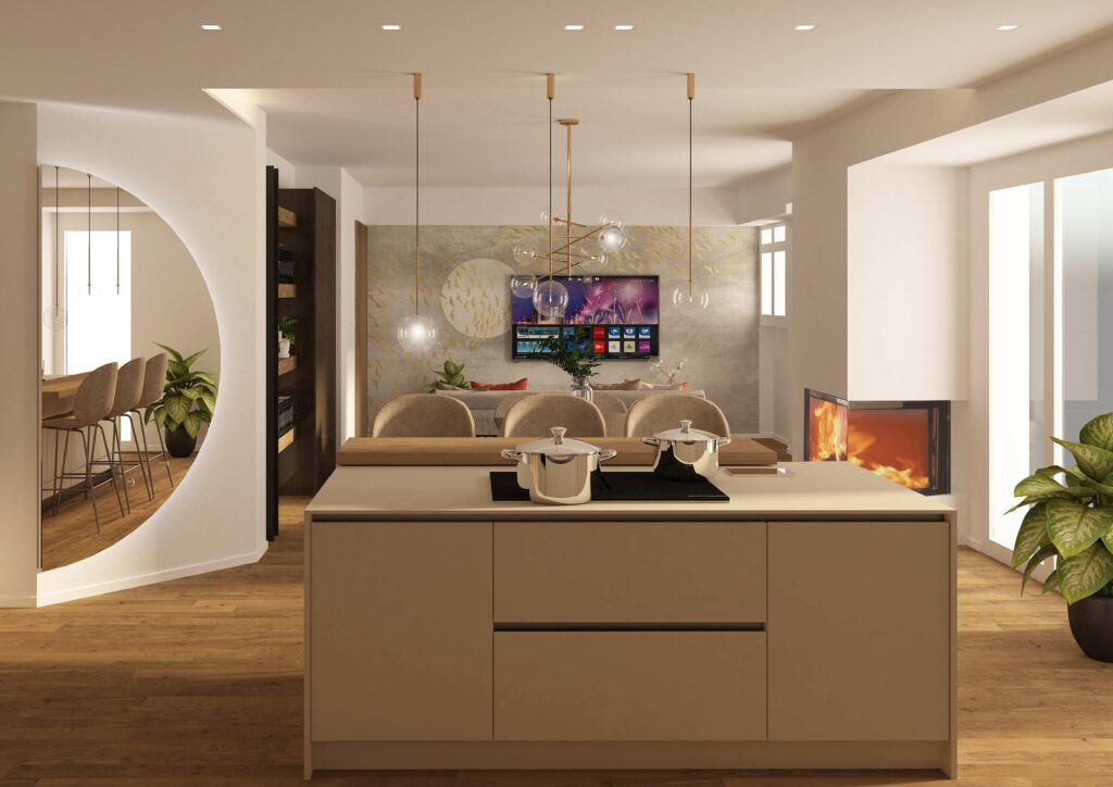 Render di un living con cucina a vista moderna nei torni caldi dei beige e marroni
