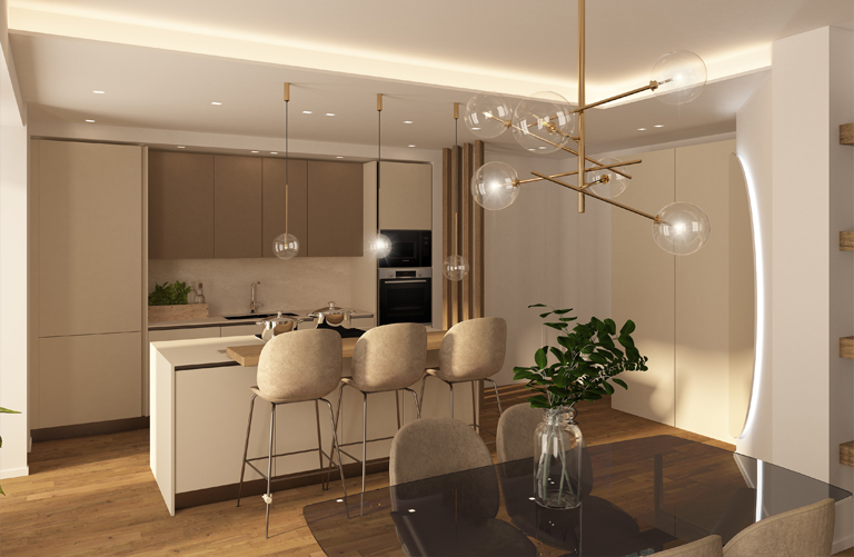 Render di un living con cucina a vista moderna nei torni caldi dei beige e marroni