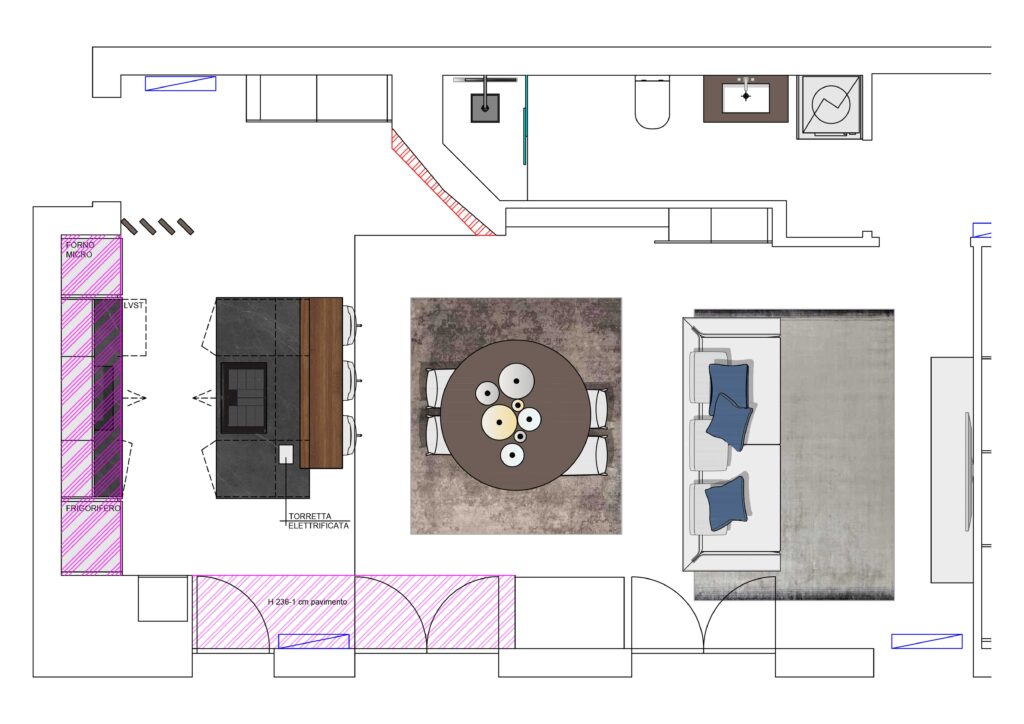 Pianta del progetto di una zona living open space con cucina a isola