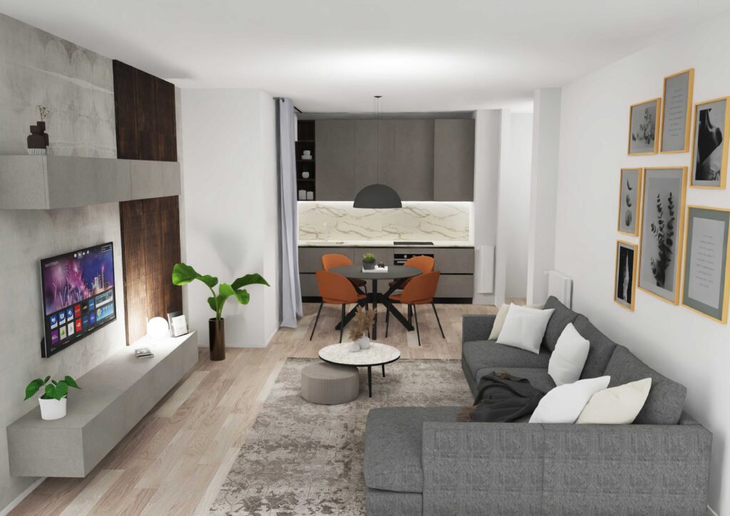 Render di un living con cucina a vista nei toni dei grigi