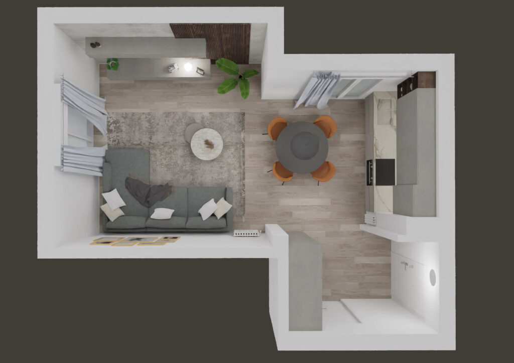 Pianta di un living con cucina a vista