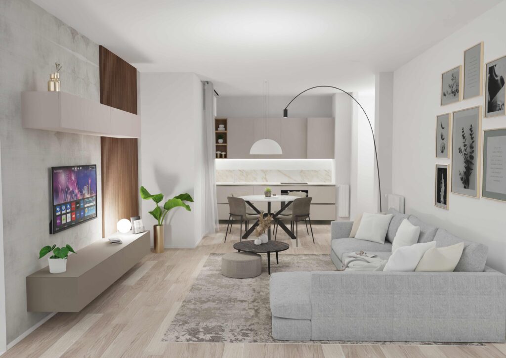 Render di un living con cucina a vista nei toni del beige chiaro