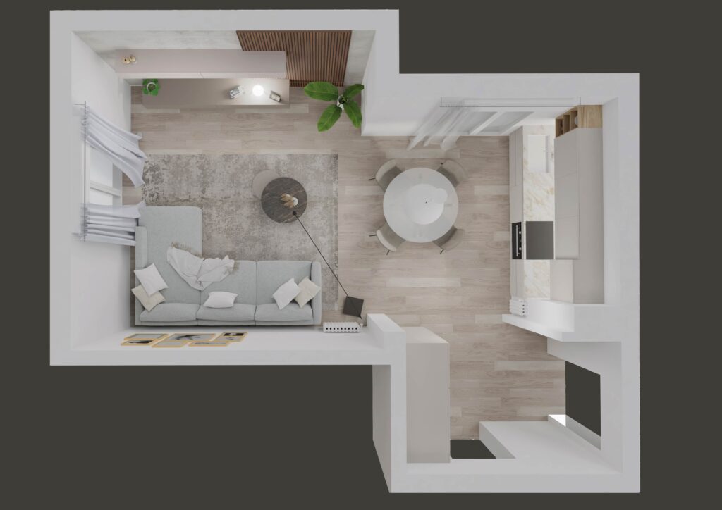 Pianta di un living con cucina a vista