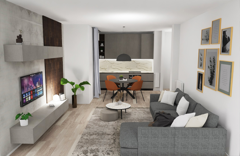 Render di un living con cucina a vista nei toni dei grigi