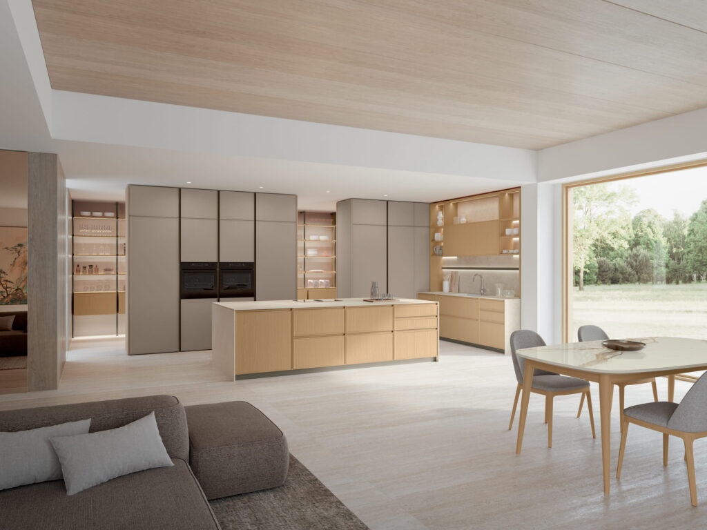 Cucina Sakura Veneta Cucine vista frontale con isola in rovere, colonne contenitore e zona living integrata con vetrata sul giardino