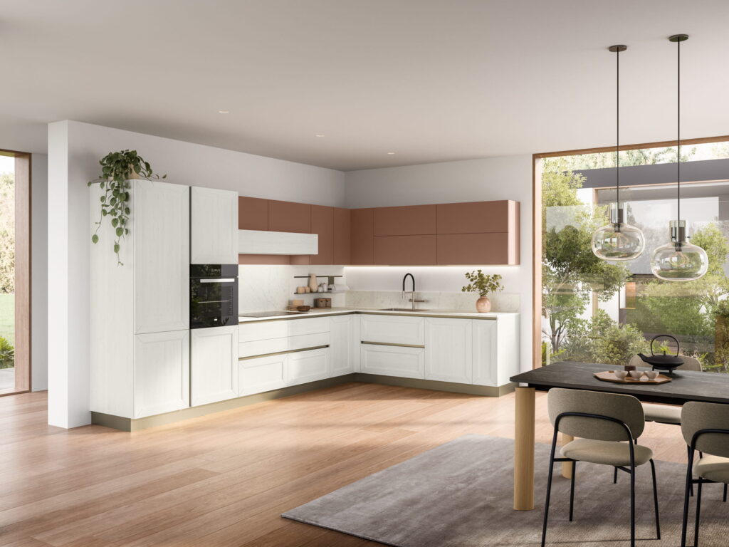 Cucina Tablet Veneta Cucine ad angolo con ante bianche a specchiatura, pensili in terracotta opaco e piano in pietra chiara